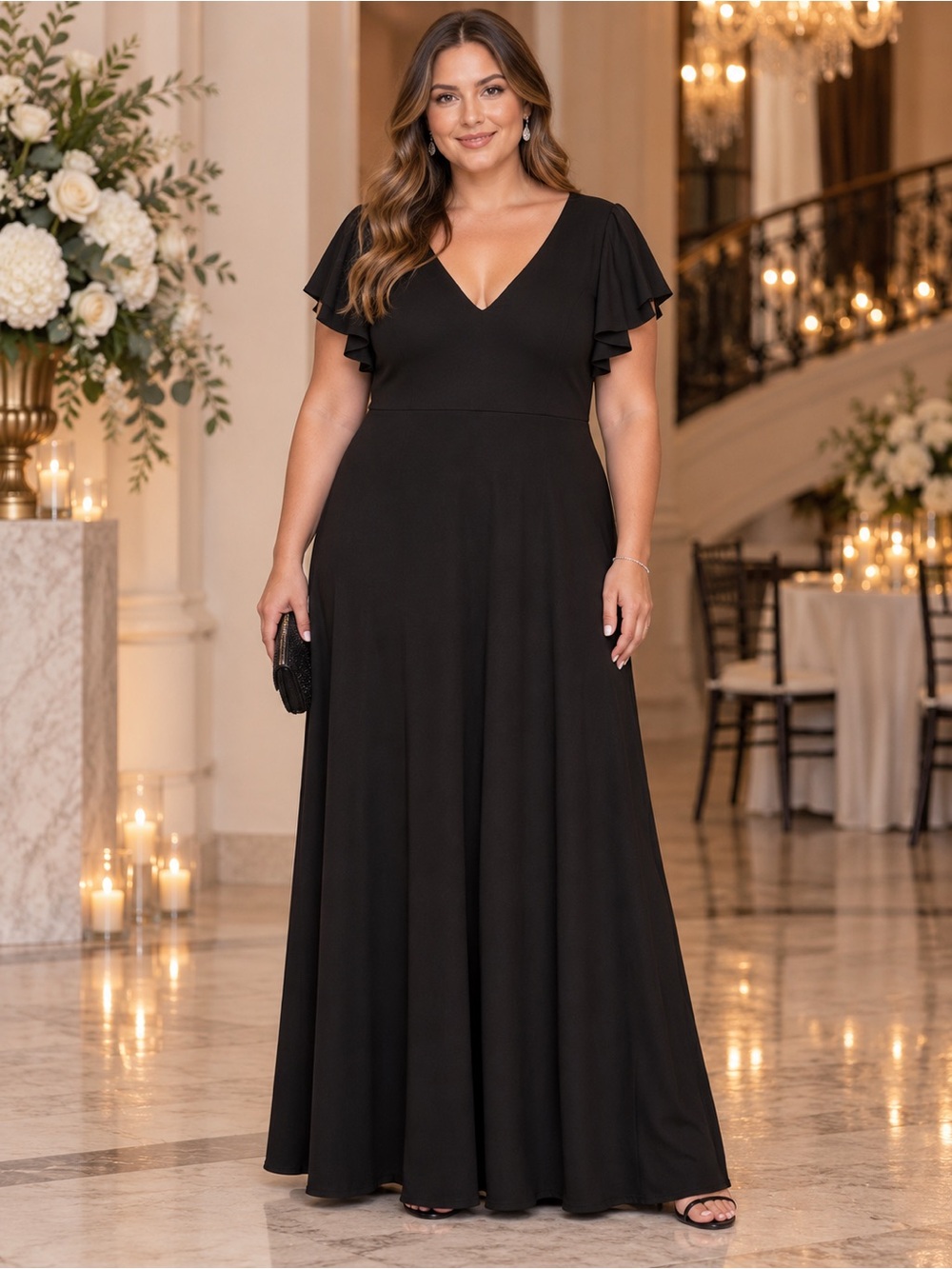 NWT Birdy Grey Elegant Black V-Neck Flutter Sleeve Evening Dress Size XL